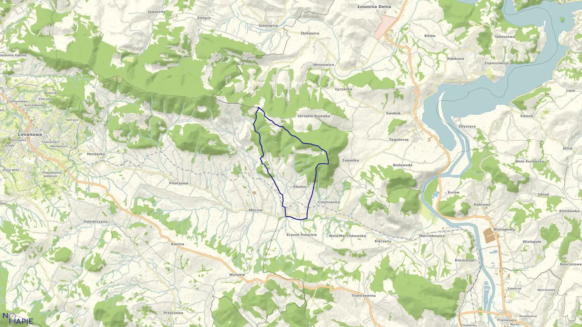 Mapa obrębu Kłodne w mieście Limanowa