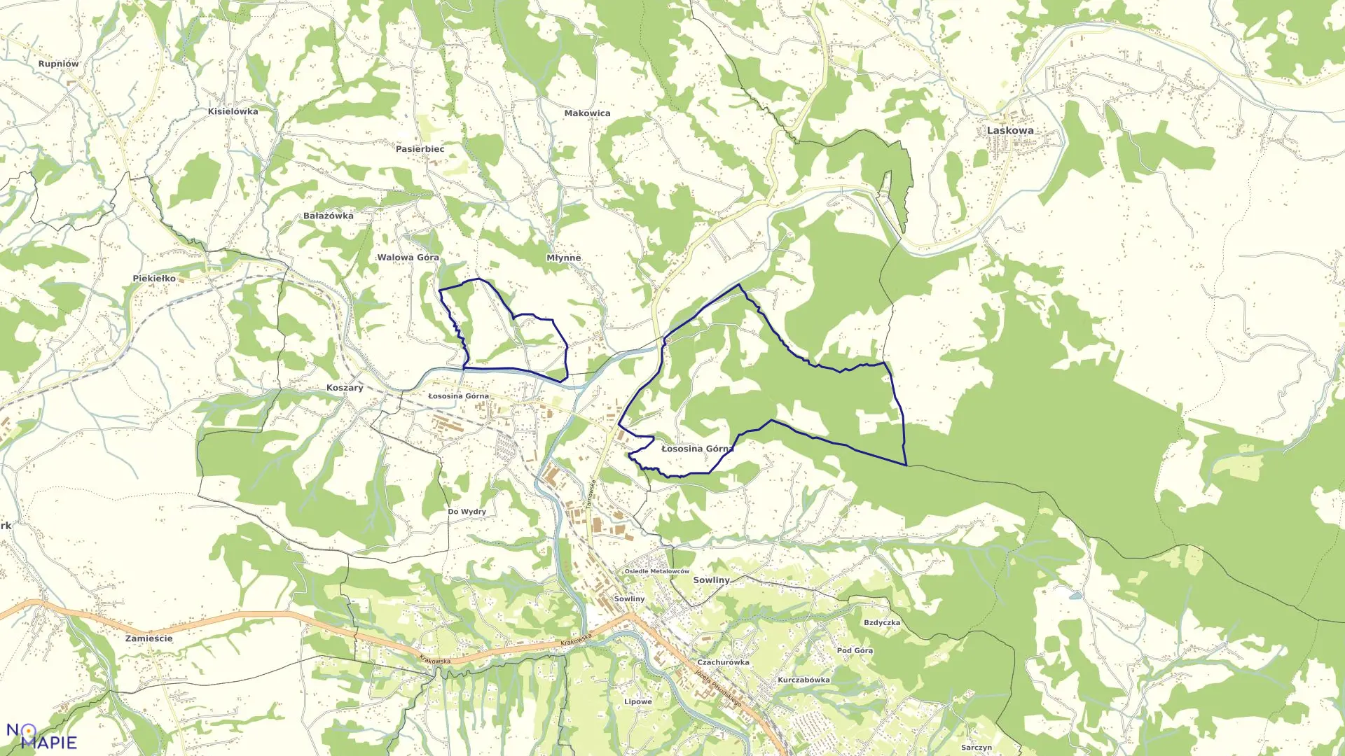 Mapa obrębu Łososina Górna w mieście Limanowa