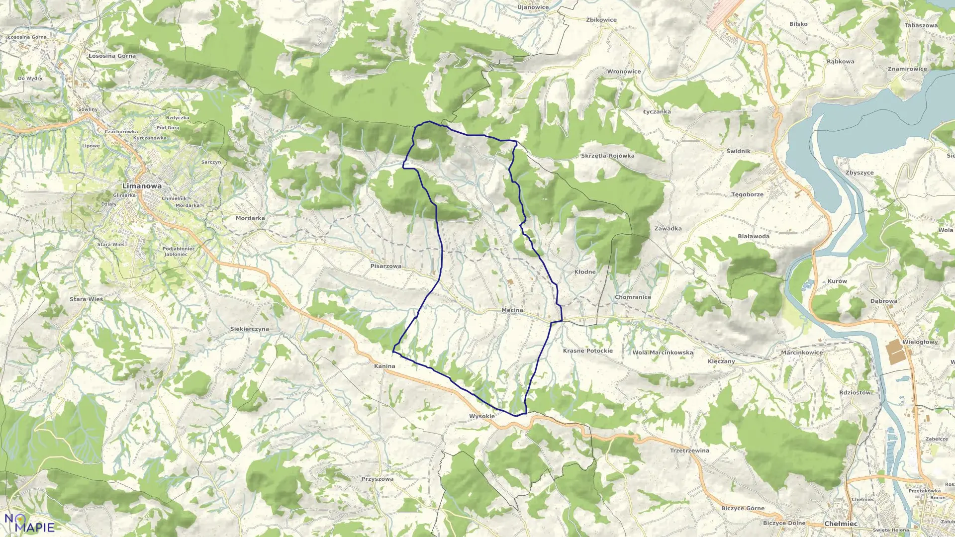 Mapa obrębu Męcina w mieście Limanowa