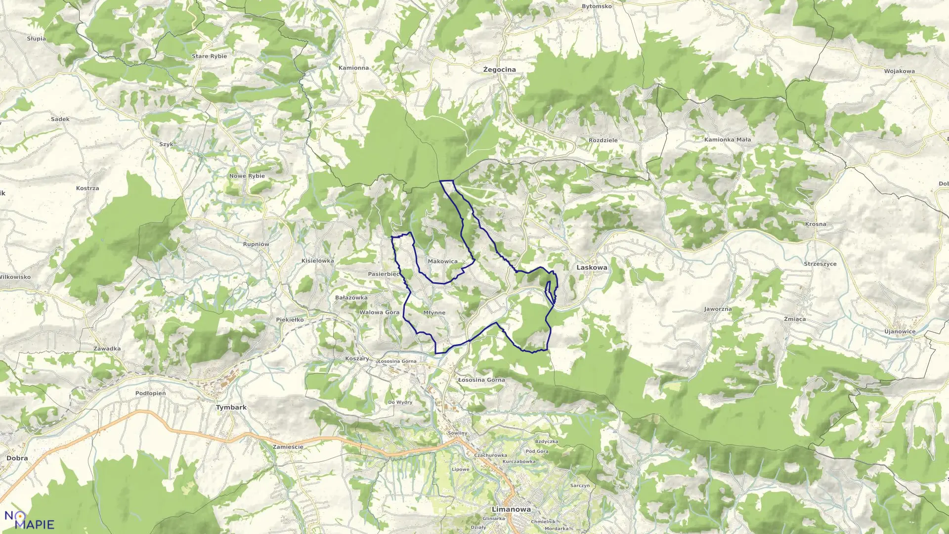 Mapa obrębu Młynne w mieście Limanowa