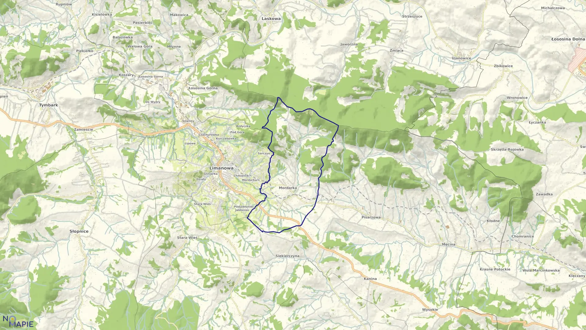 Mapa obrębu Mordarka w mieście Limanowa